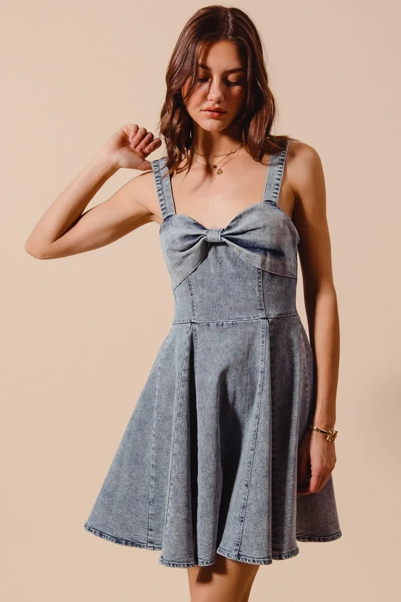 SO ME Mineral Washed Bow Ribbon Denim Flare Dress - Fashorio