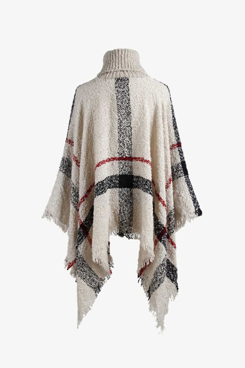 Plaid Turtleneck Raw Hem Poncho - Fashorio