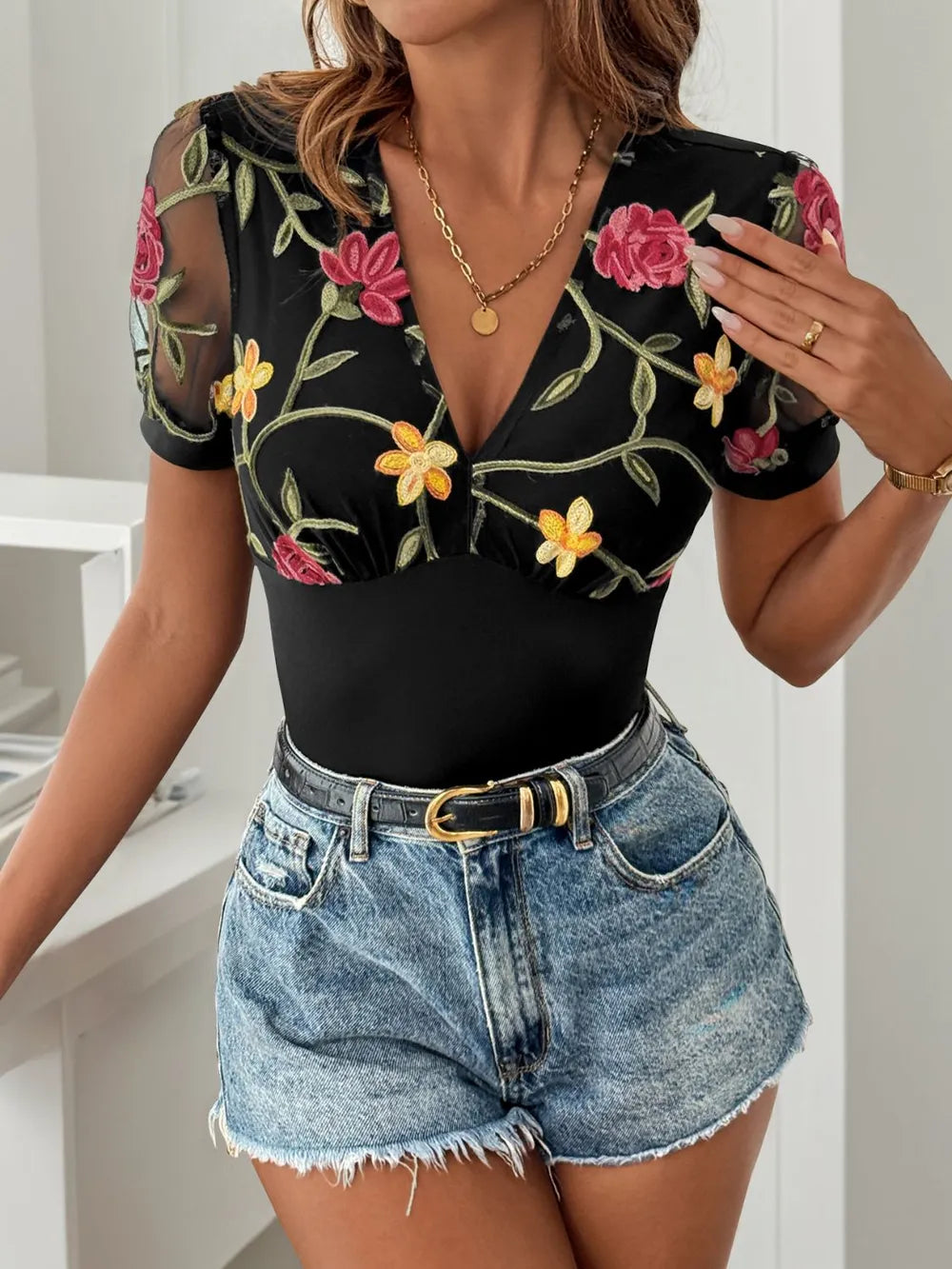 Perfee Embroidered V-Neck Floral Bodysuit - Fashorio