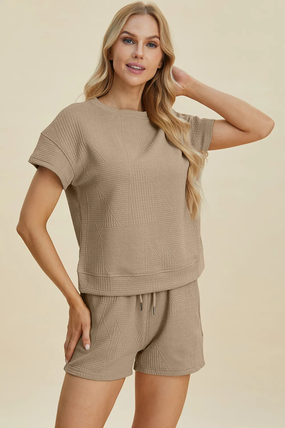 Textured Short Sleeve Top and Shorts Two Piece Set, view 7