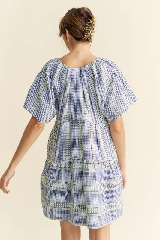 Embroidered Gingham Ruffle Mini Dress in Navy close up