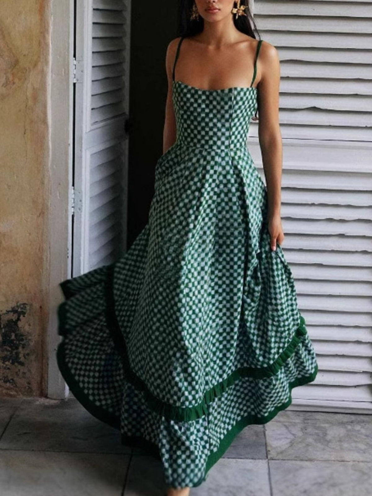 Spaghetti strap checkered maxi dress side view