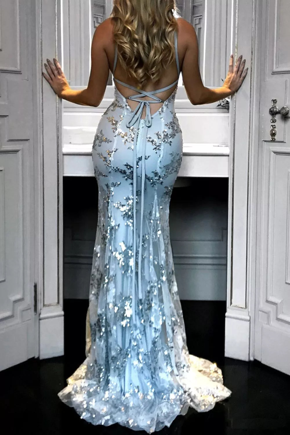 Sequin Tie Back V Neck Maxi Dress full length view