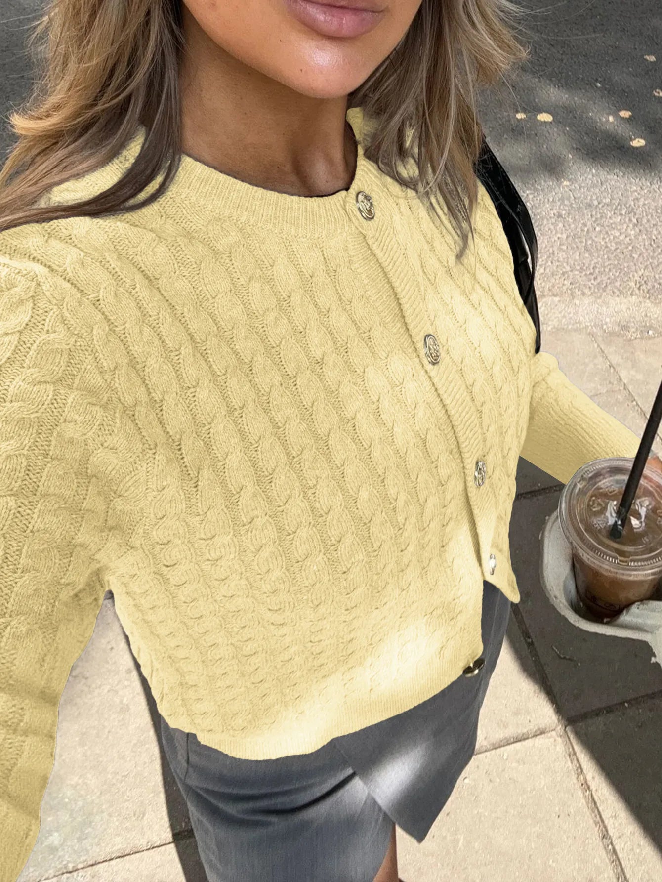 Cable Knit Button-Up Cardigan Yellow - Fashorio