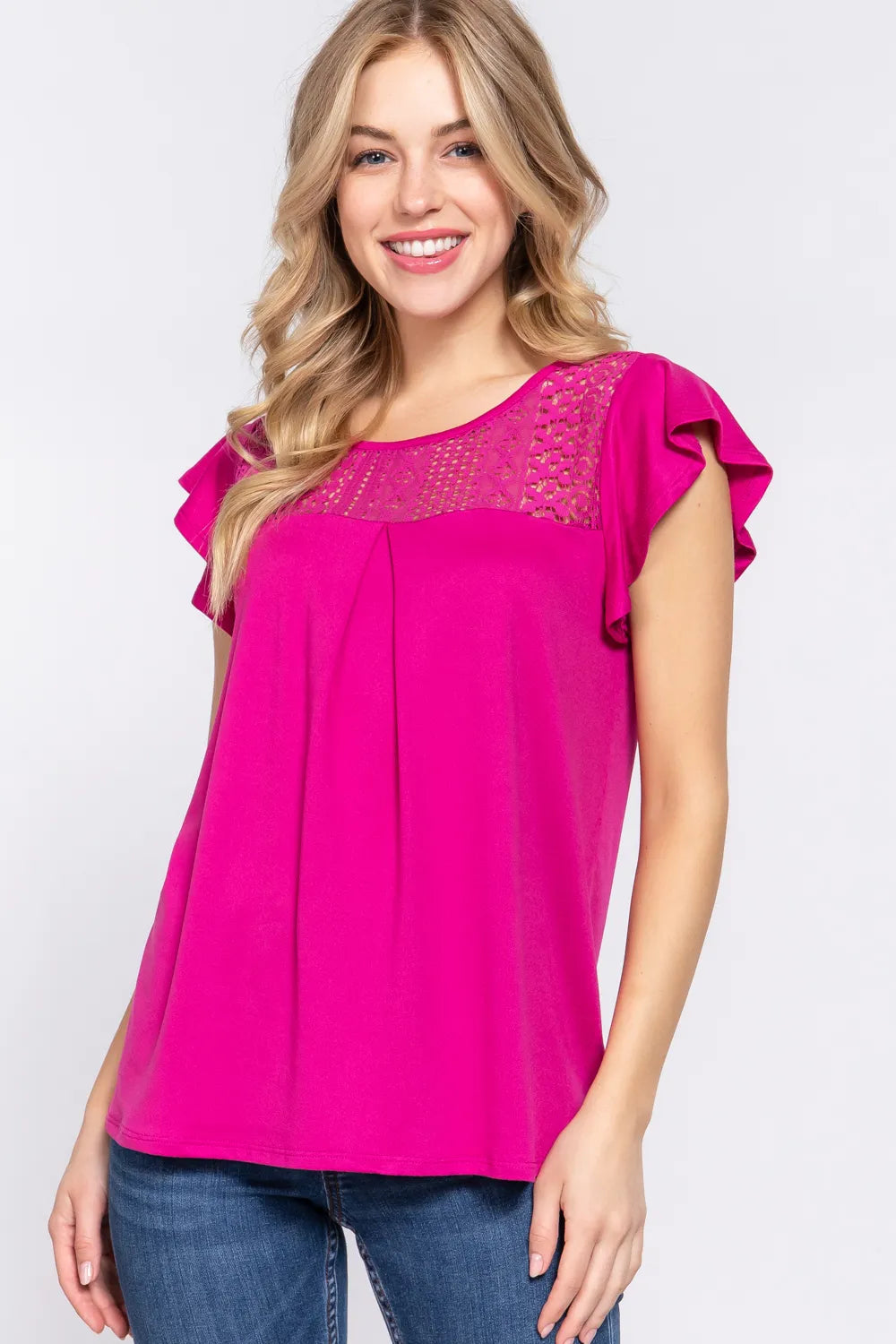ACTIVE BASIC MAGENTA / S ACTIVE BASIC Ruffle Short Sleeve Lace Detail Knit Top