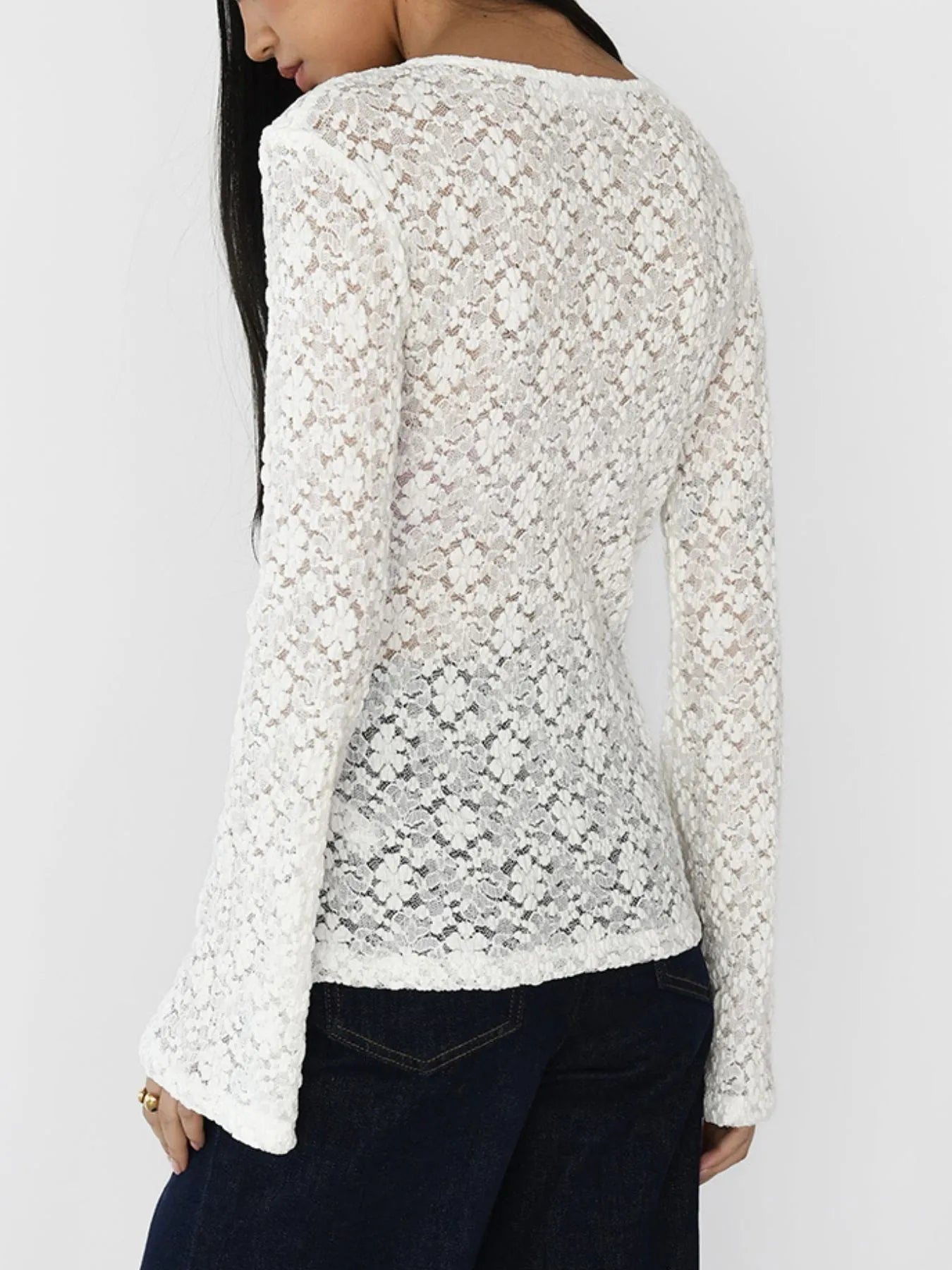 Lace V-Neck Flare Sleeve T-Shirt - Fashorio