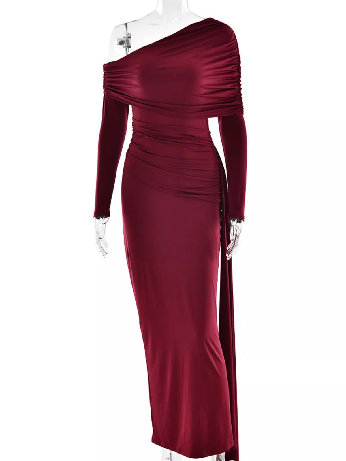 One shoulder ruched maxi dress model wearing