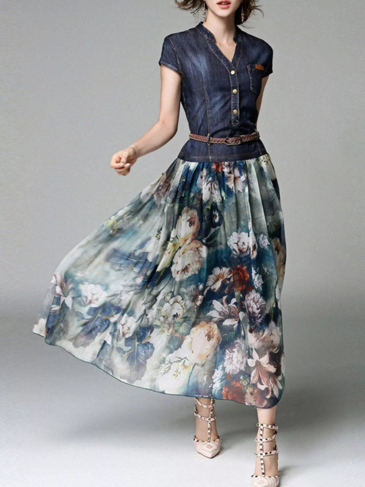 Patchwork floral print chiffon dress front view