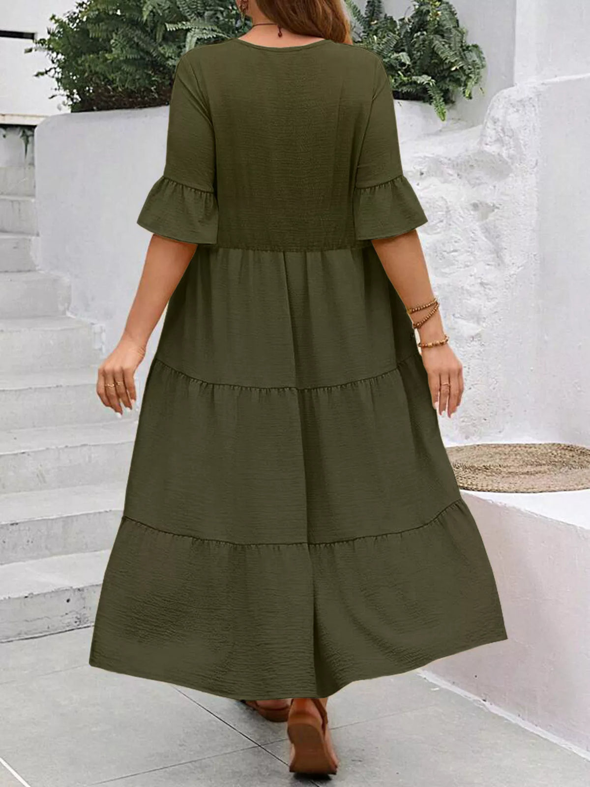 Plus Size Ruffle Sleeve Tiered Midi Dress, view 11
