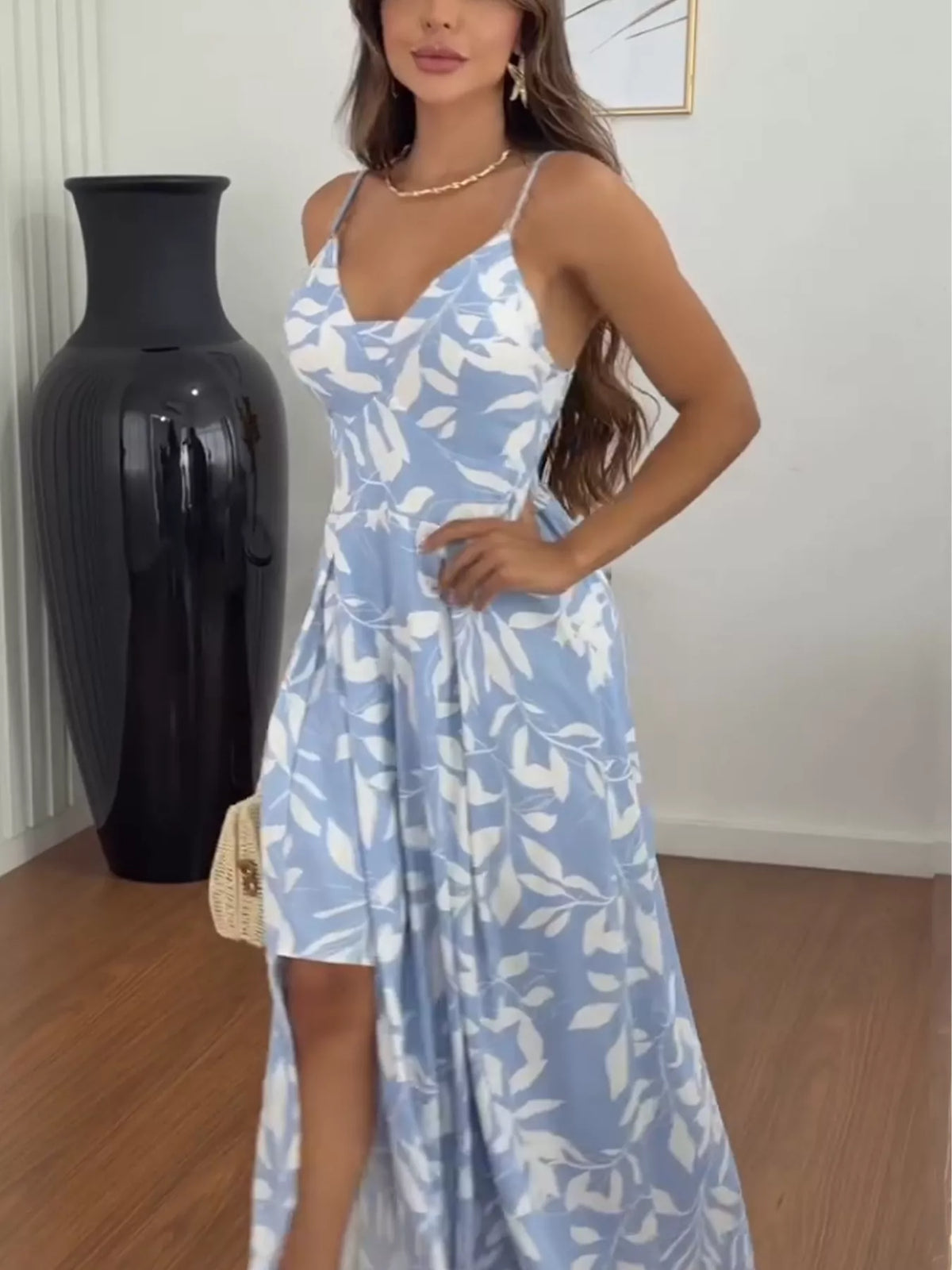 blue printed spaghetti strap maxi dress with leg slit side view