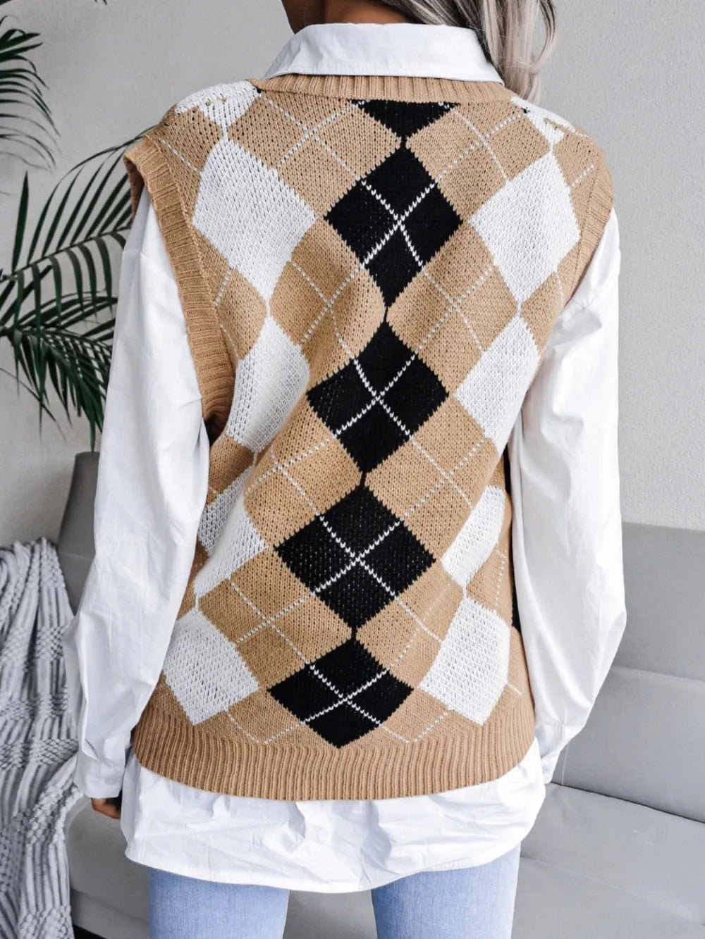 Plaid V Neck Sweater Vest in Khaki side view