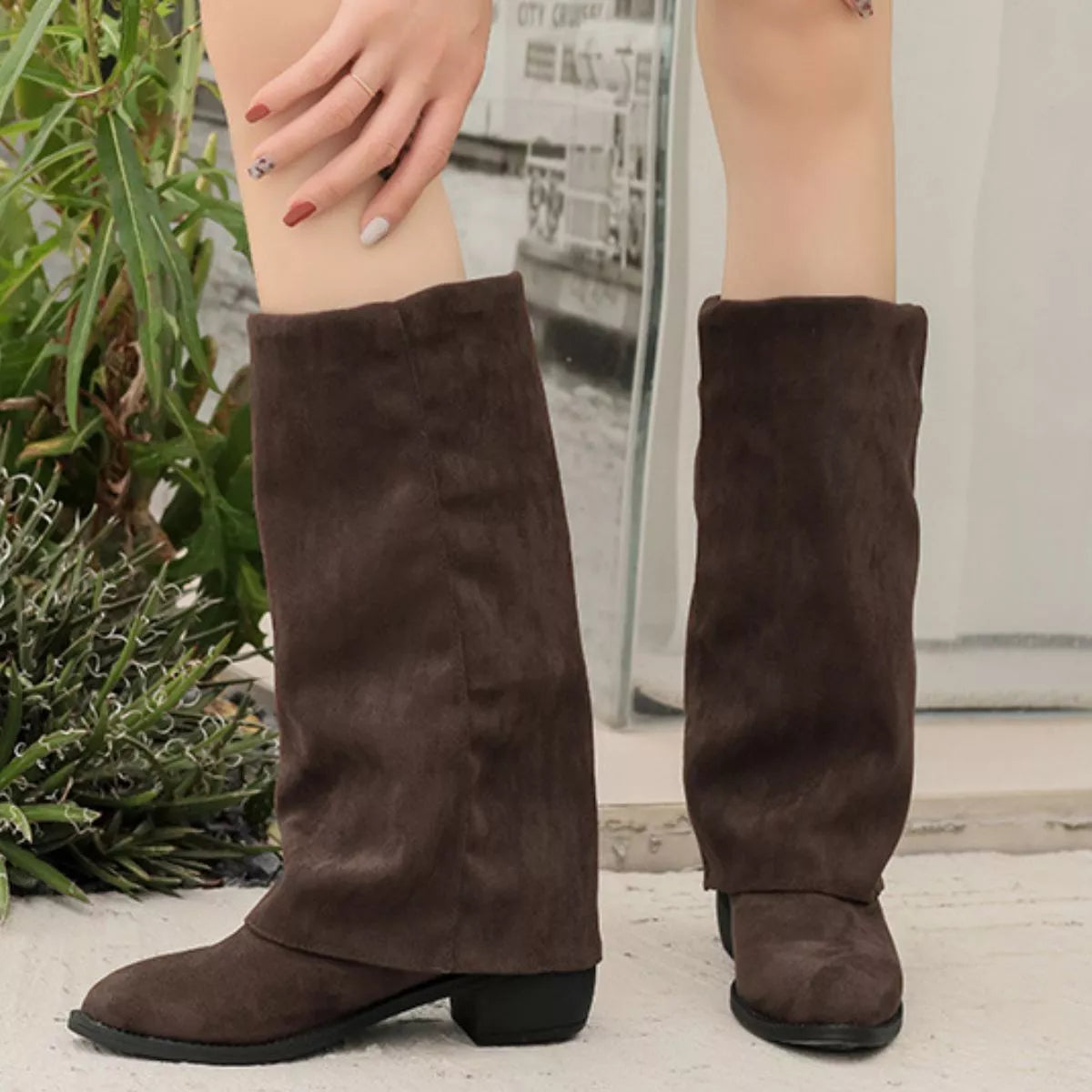 Point toe suede block heel boots top down view