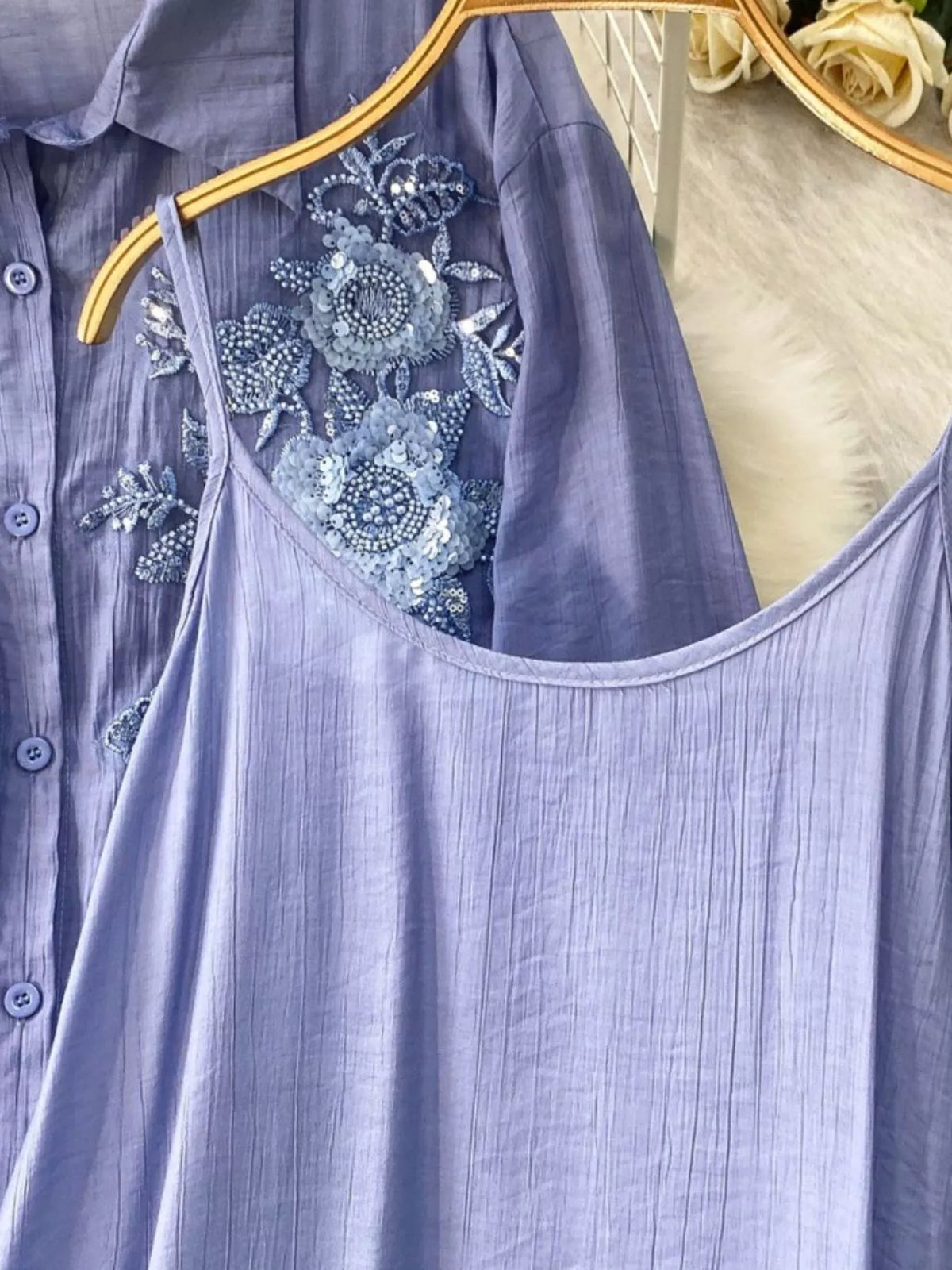 Sequin Flower Button Up Shirt and Cami Dress Set, view 22