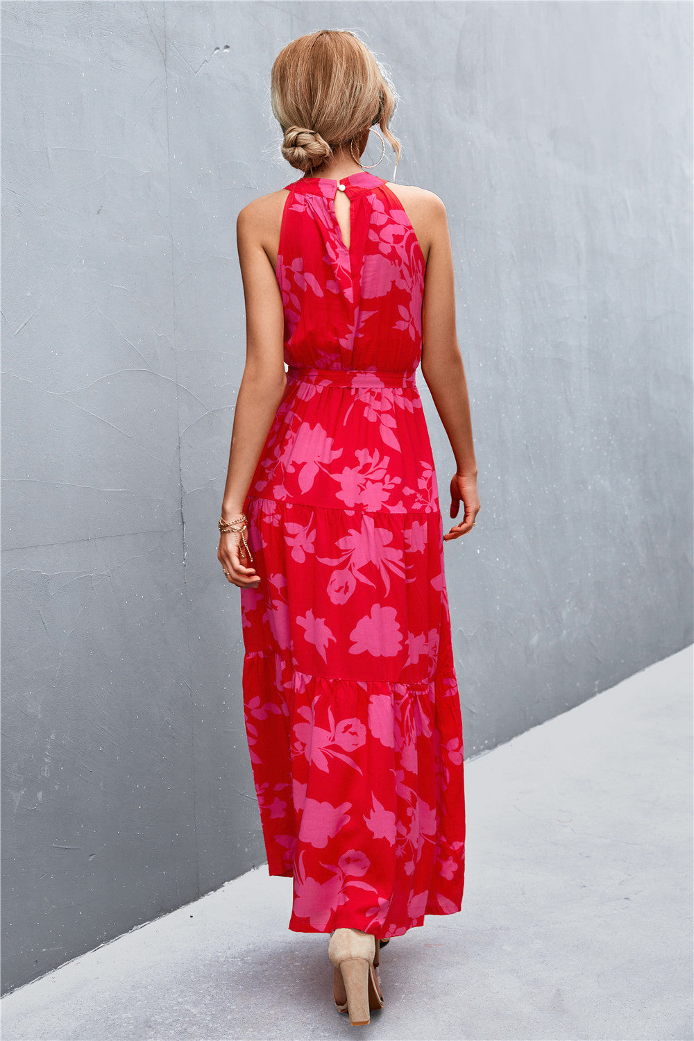 Printed sleeveless tie waist maxi dress full length view