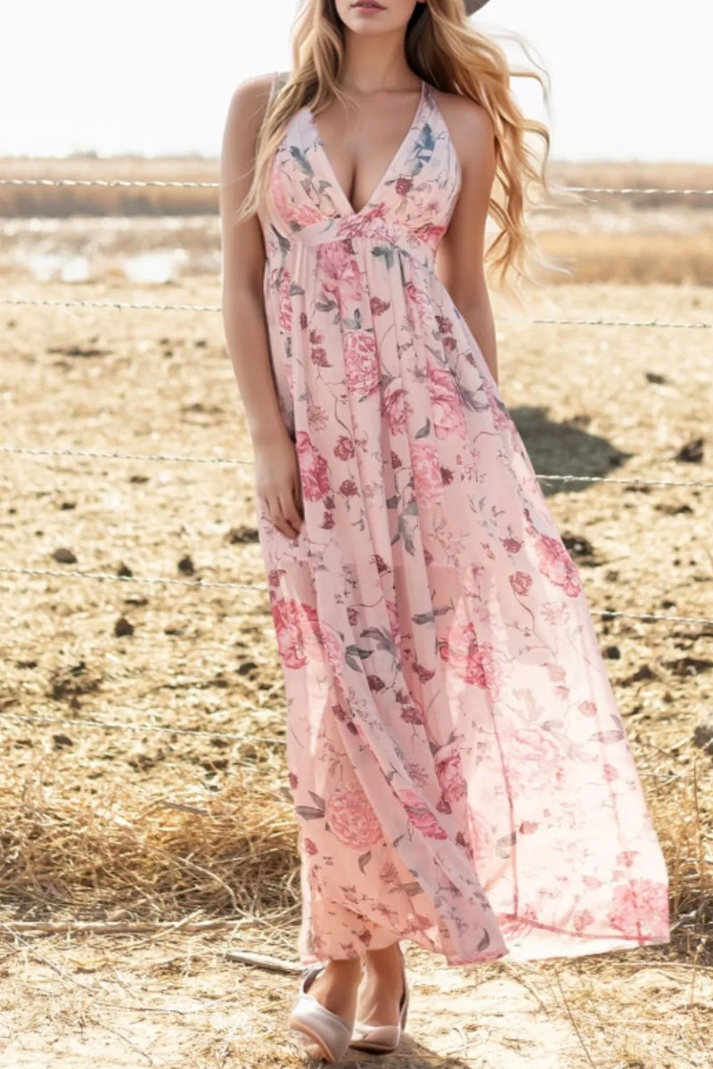 blush pink blush pink floral pleated deep V backless midi dress front view