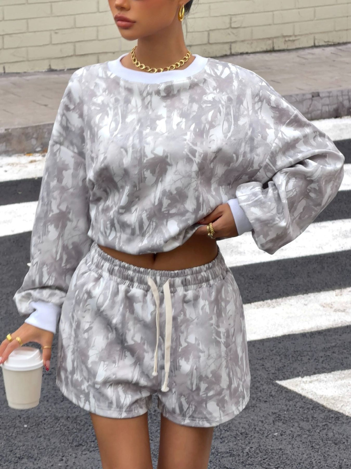Back view of gray top and shorts matching set