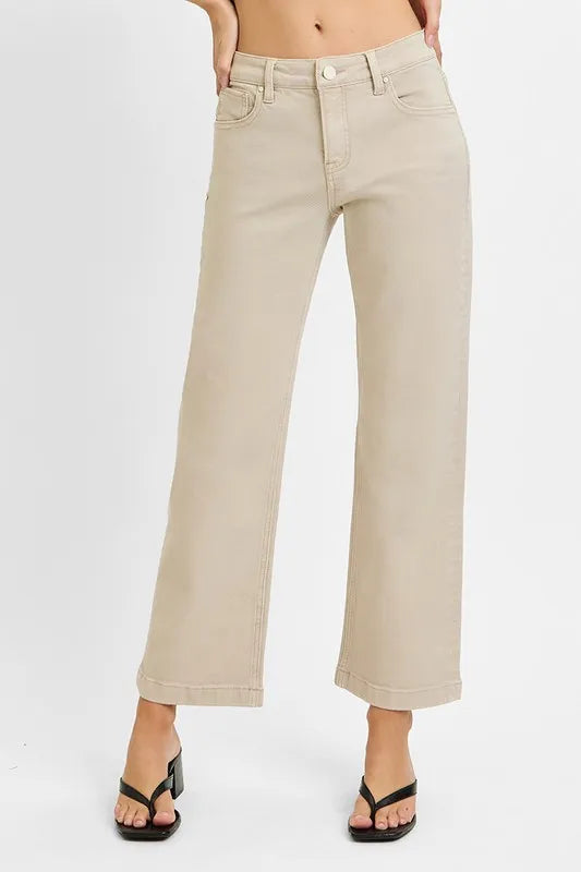 RISEN mid rise ankle straight leg jeans front view in almond wash