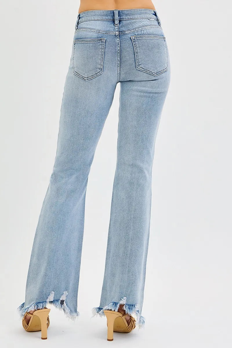 RISEN womens medium wash flare jeans waist detail