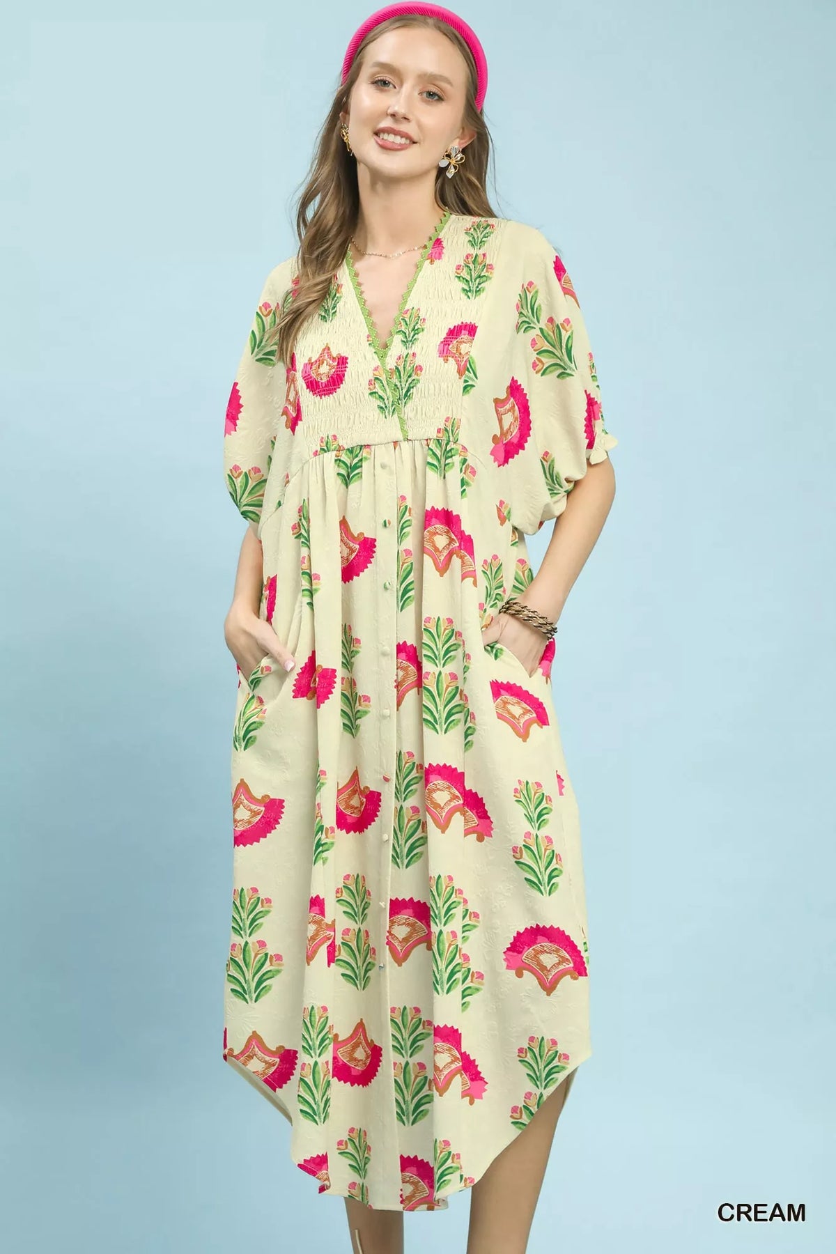 Abstract Print V Neck Midi Dress