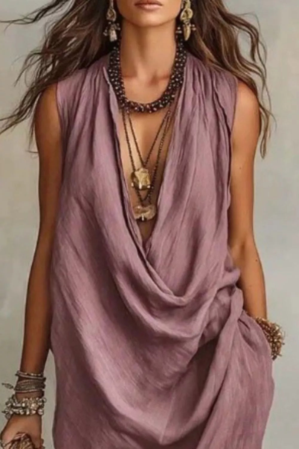 Sleeveless drape cowl neck midi dress back view