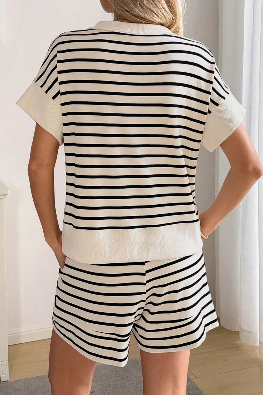Beige matching striped top and shorts set detail
