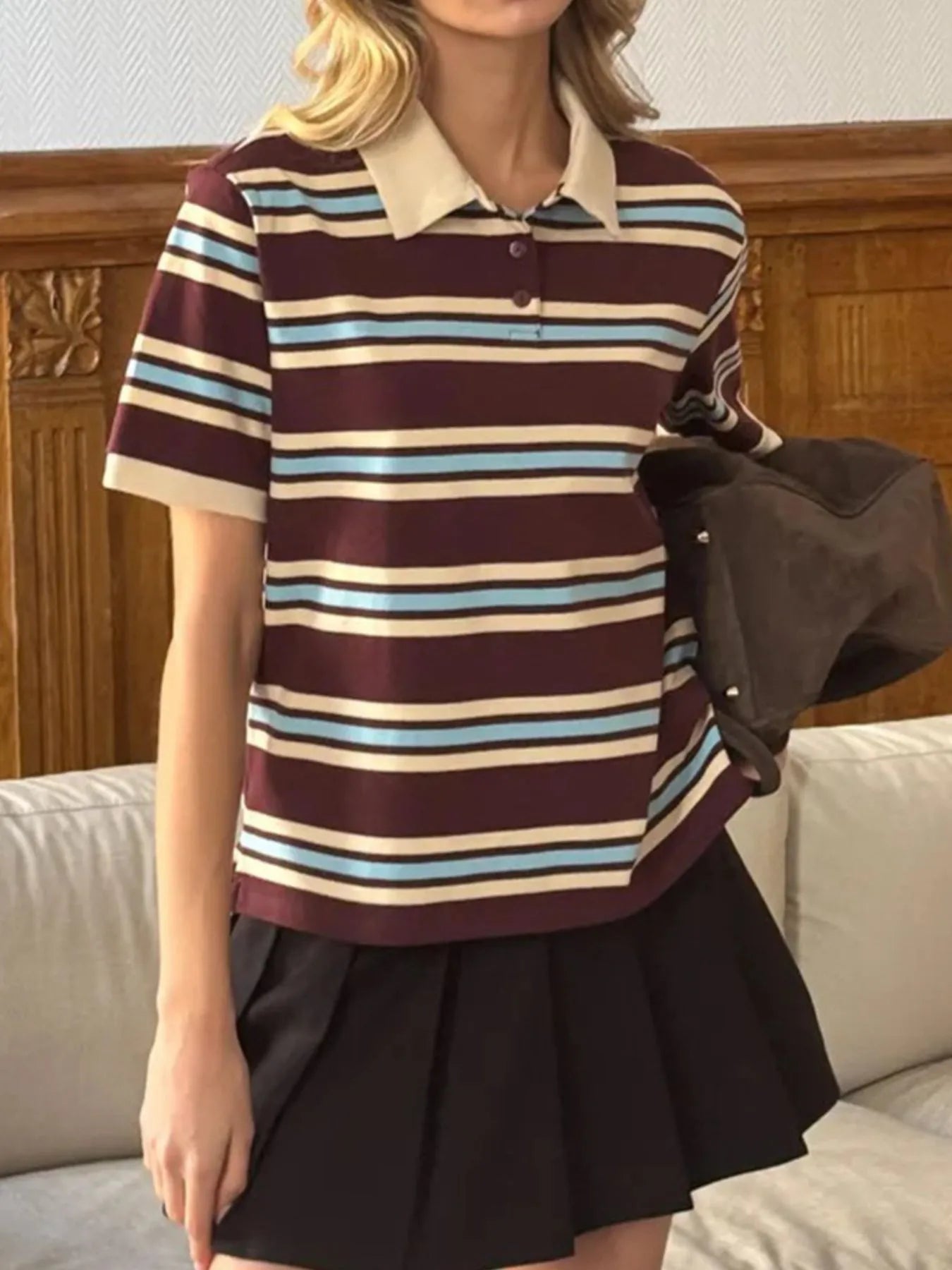 Striped Polo T-Shirt with Contrast Collar - Fashorio