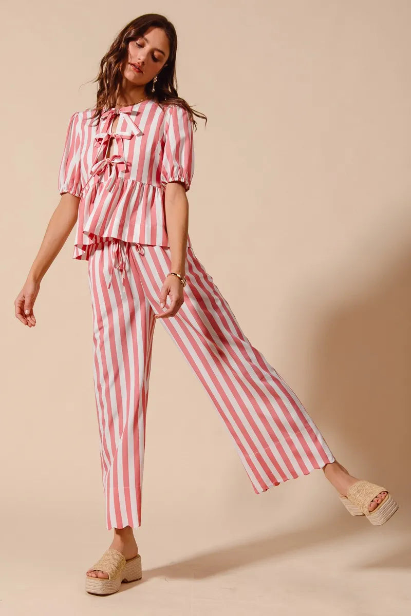 SO ME Front Tie Stripe Top With Puff Sleeves and Wide Leg Pants Set - Fashorio