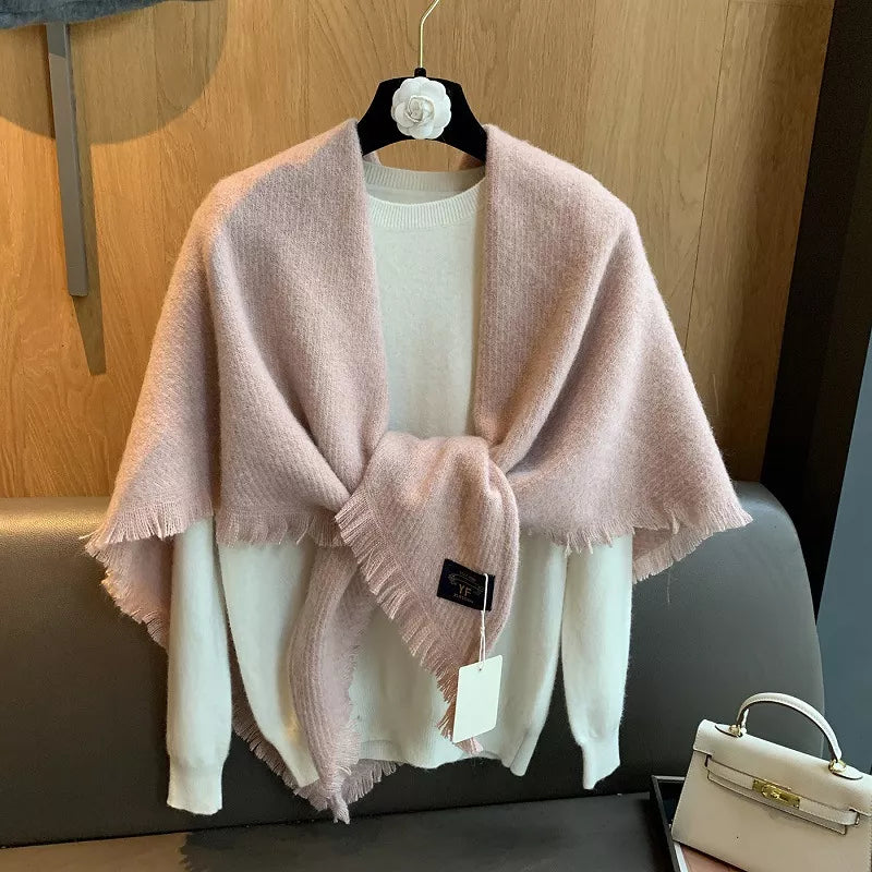 Thick tassel triangle shawl scarf draped over the shoulders