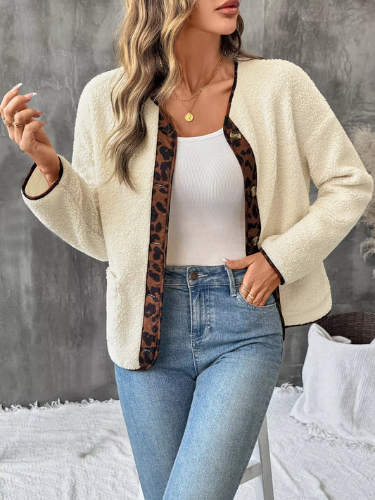 Women’s Button Up Jacket with Leopard Trim Detail Apricot - Fashorio
