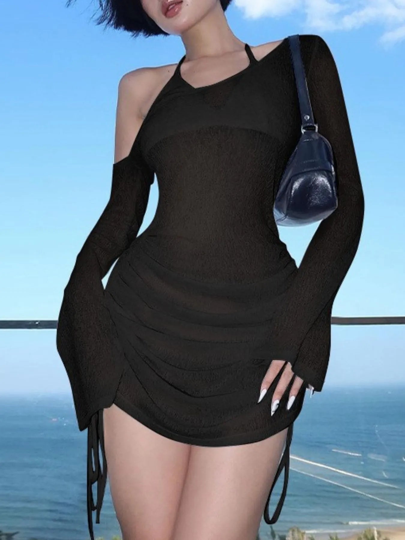 One-Shoulder Bell Sleeve Ruched Mini Cover-Up Dress Black - Fashorio