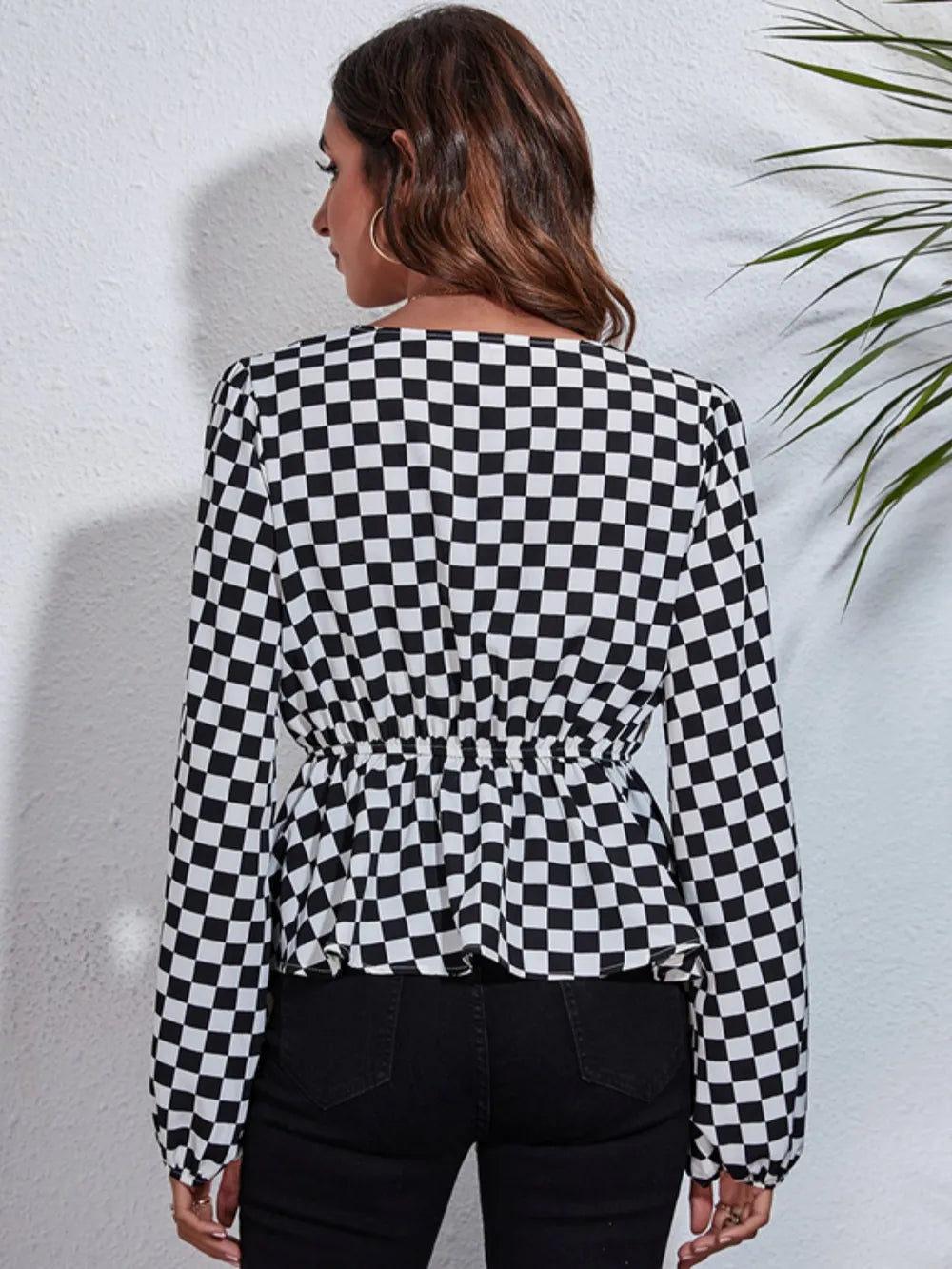 Checkered V-Neck Balloon Sleeve Peplum Blouse - Fashorio