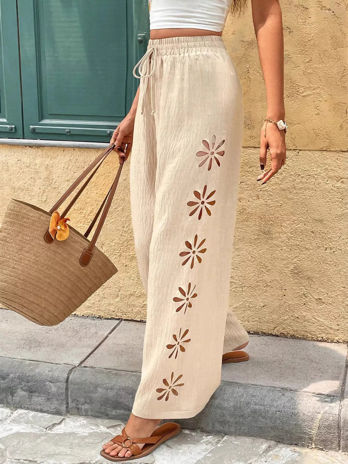 Apricot casual wide leg drawstring pants front view