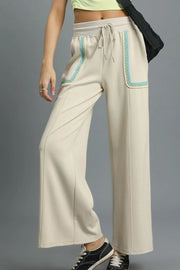 Umgee Drawstring Wide Leg Pants with Scallop Trim Detail Beige - Fashorio