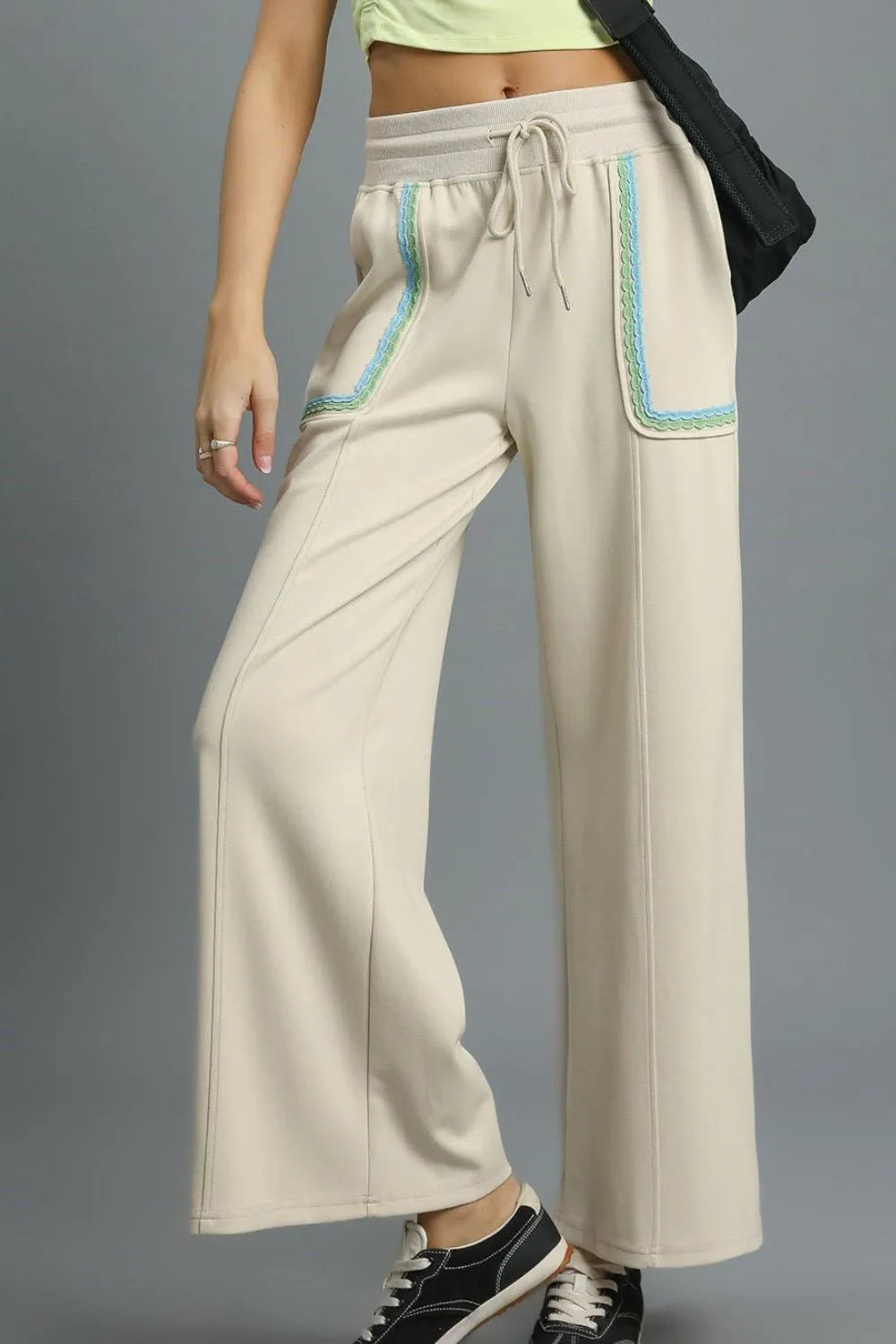 Umgee Drawstring Wide Leg Pants with Scallop Trim Detail Beige - Fashorio
