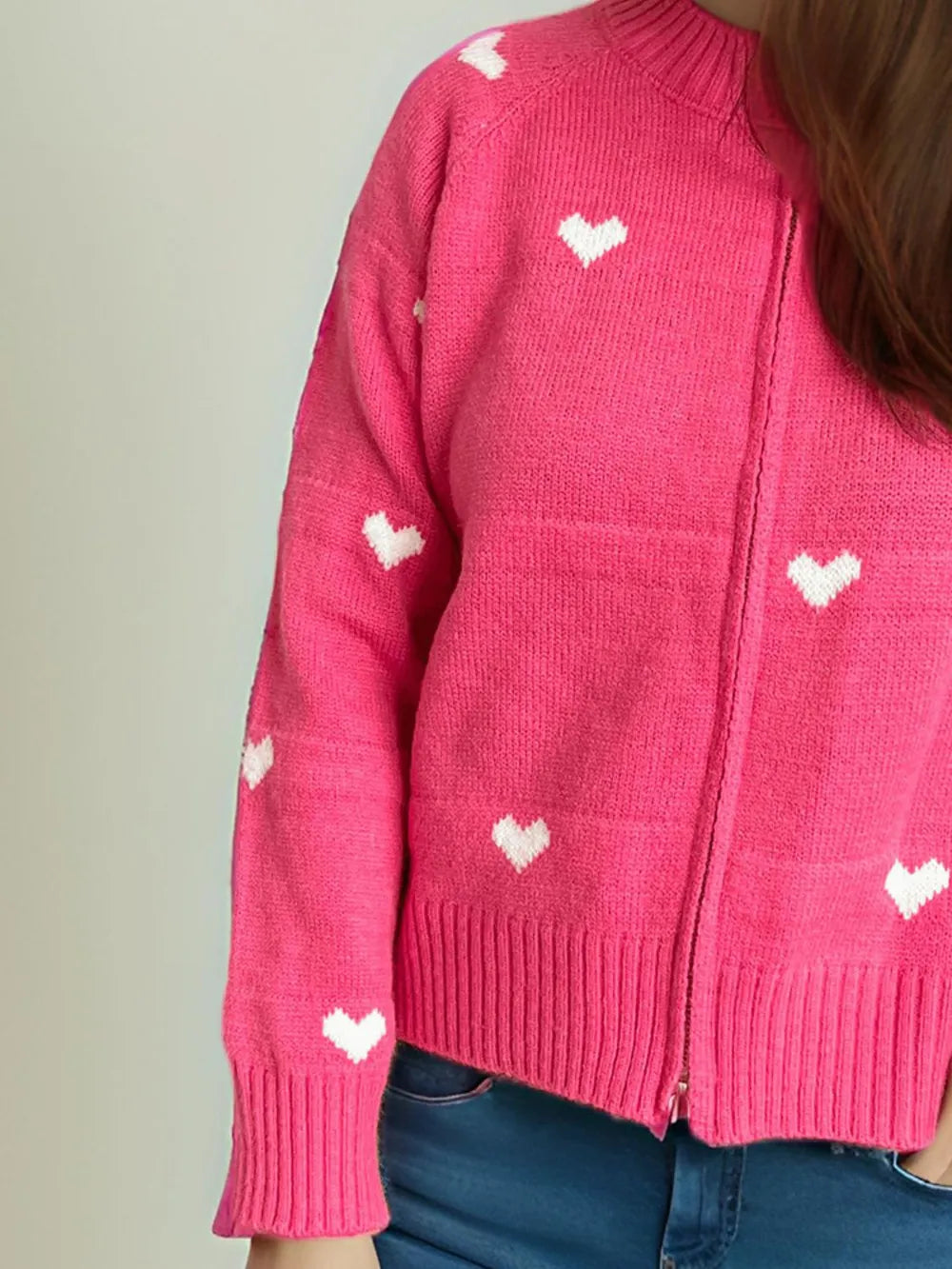 Heart Round Neck Zip Up Cardigan - Fashorio