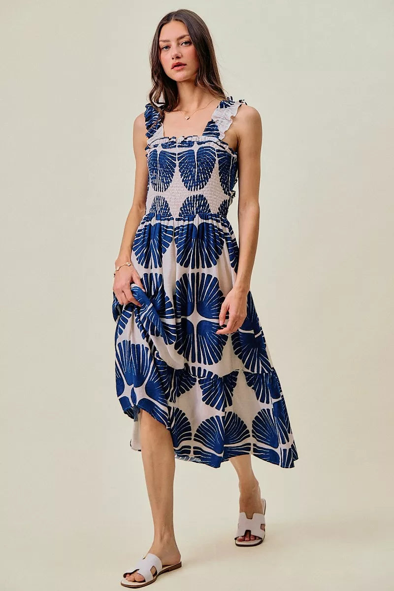 Navy abstract print smocked bodice tiered midi dress front view