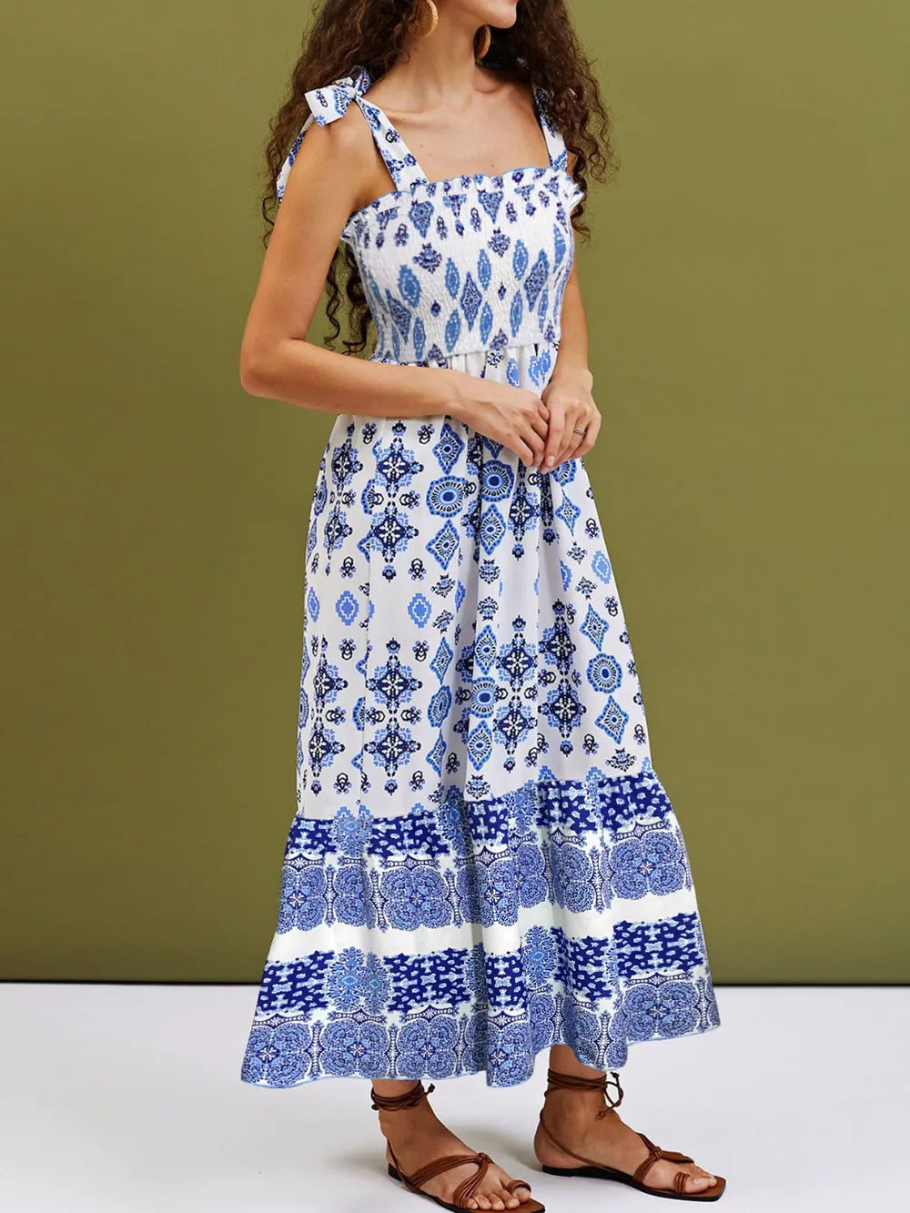 Smocked square neck cami maxi dress in white side view