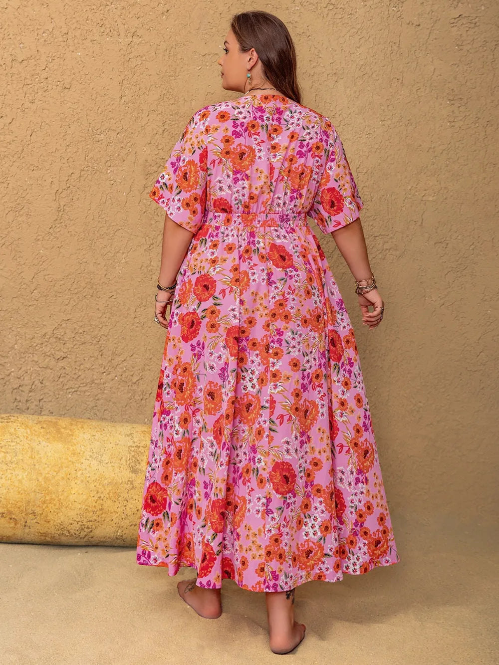 fuchsia plus size floral v neck half sleeve maxi dress back view