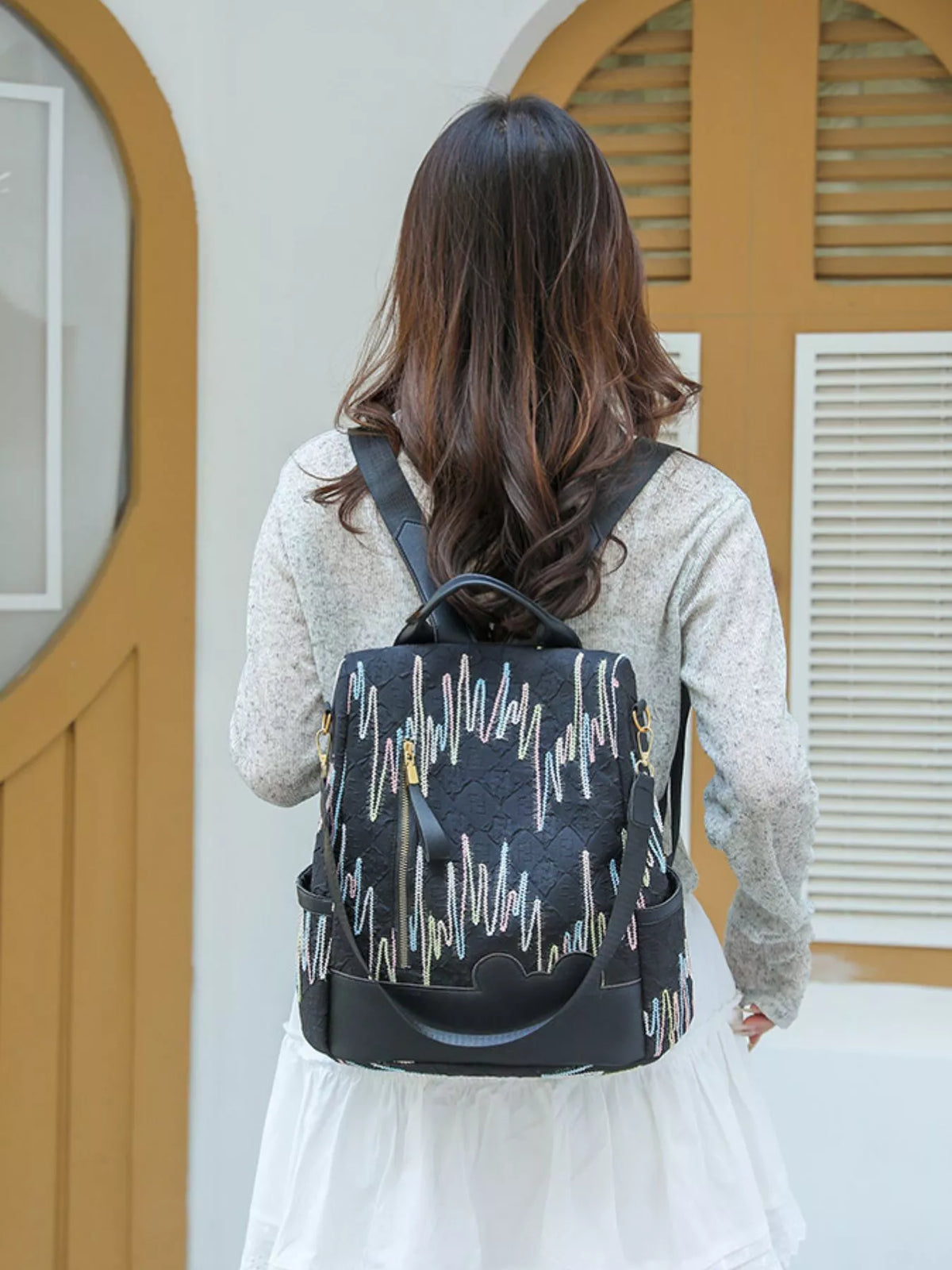 Adjustable strap polyester backpack base and stitching detail