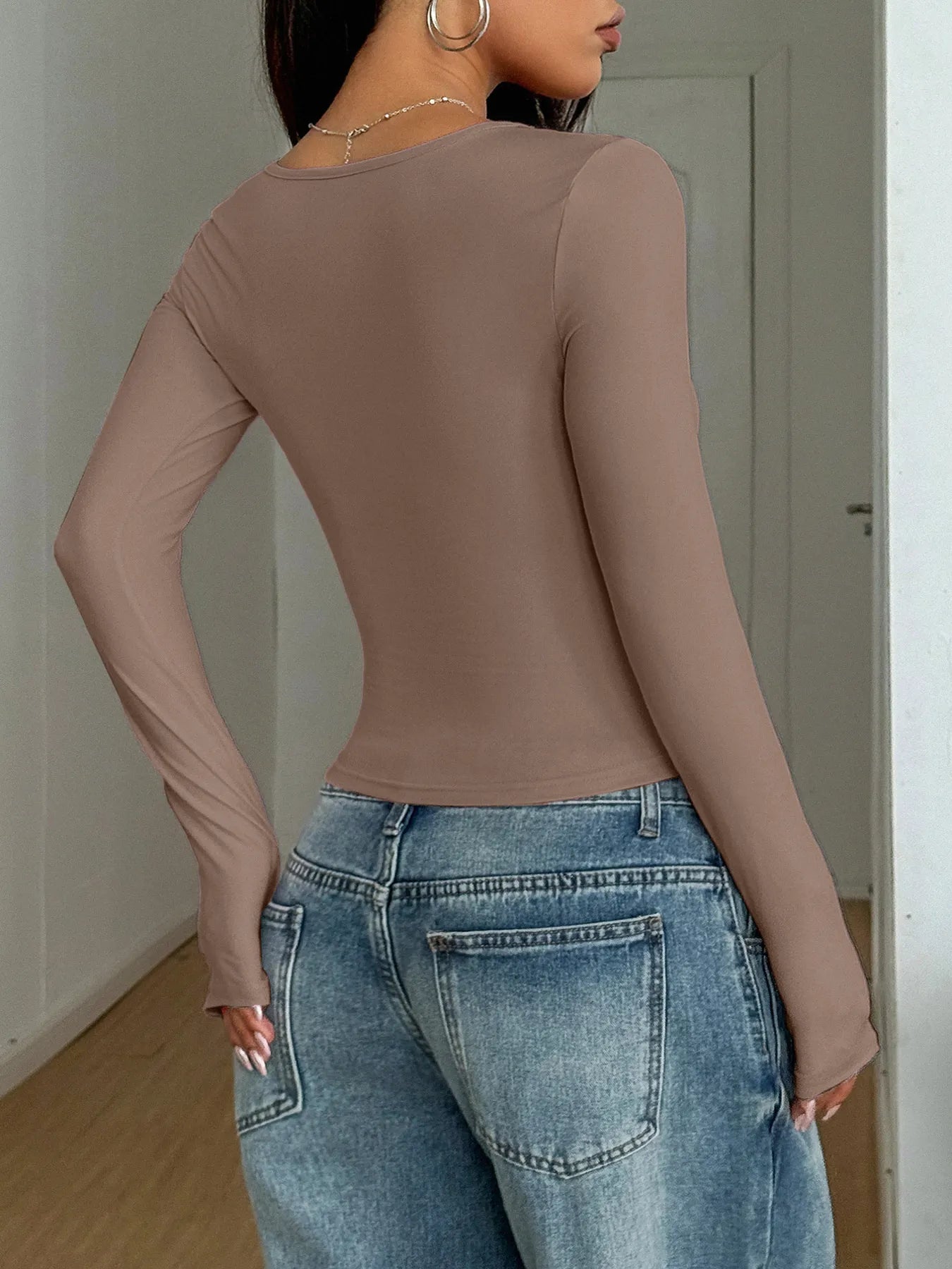 Square Neck Long Sleeve Fitted T-Shirt - Fashorio