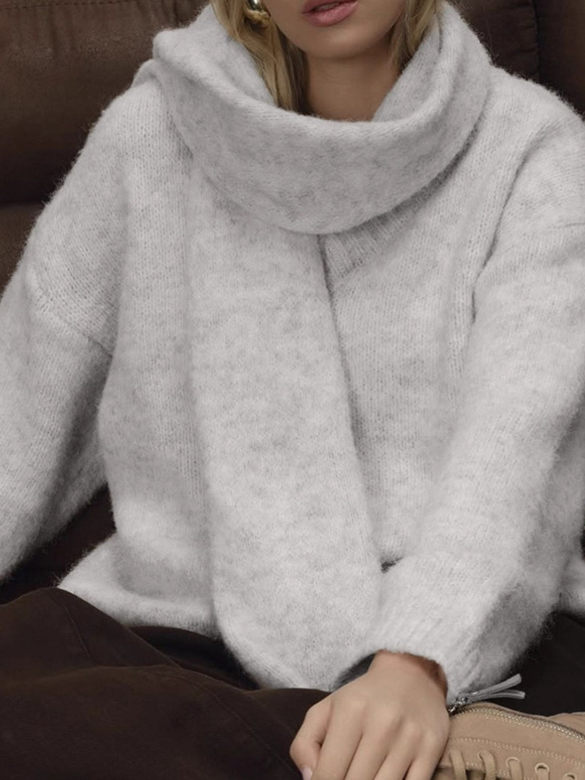 Oversized V neck sweater with scarf front view