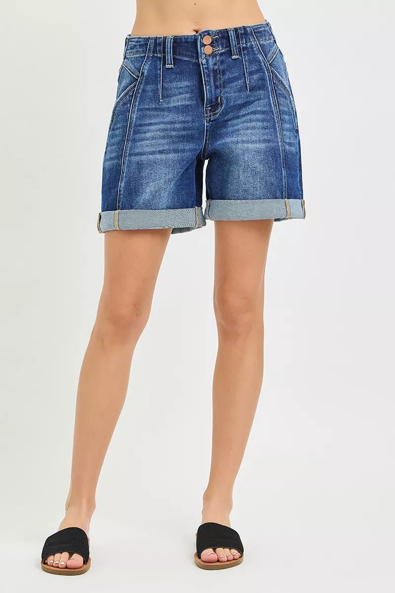 dark wash RISEN high rise roll up shorts side view