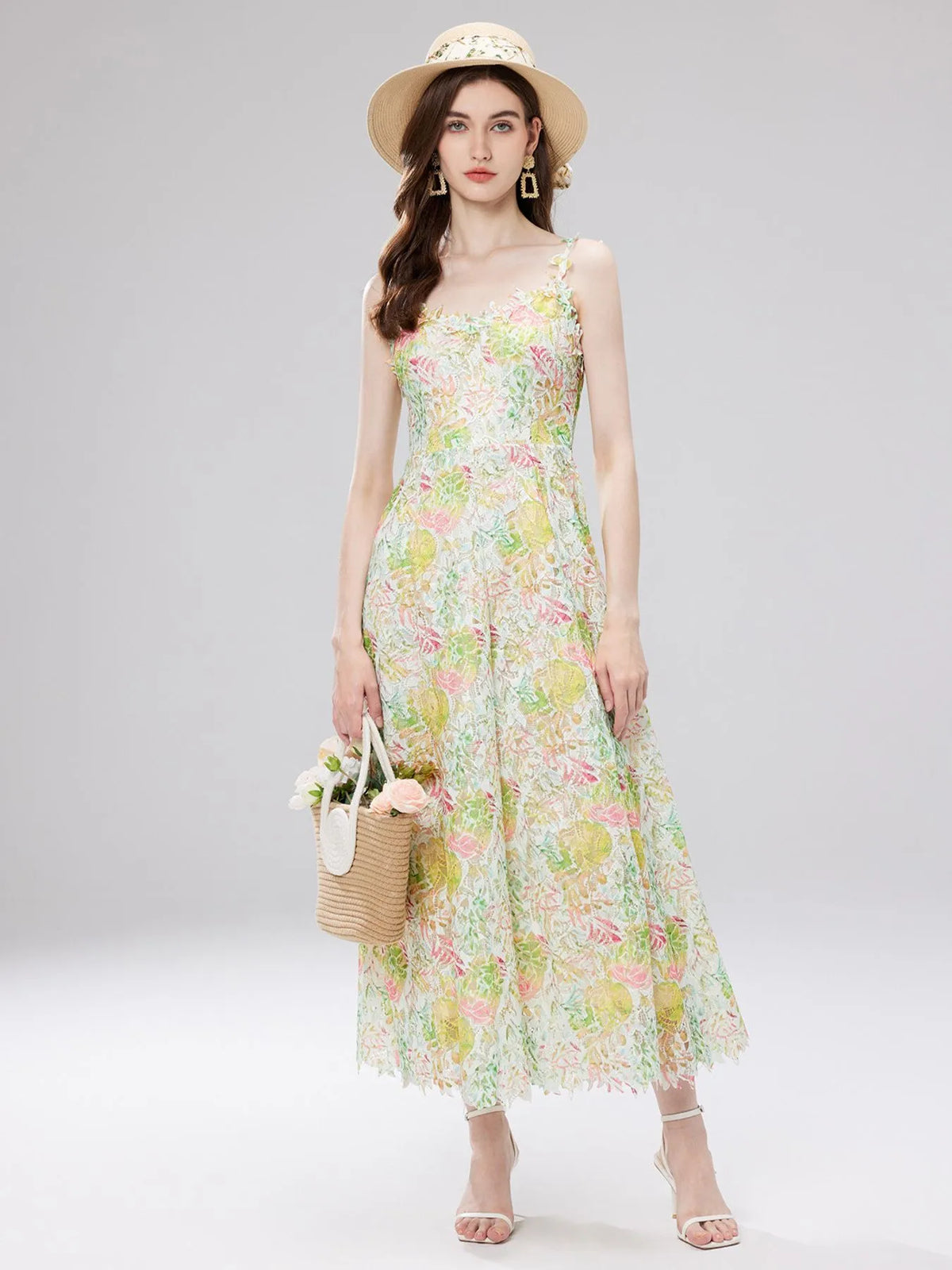 Floral Lace Sleeveless V Neck Midi Dress back view 13