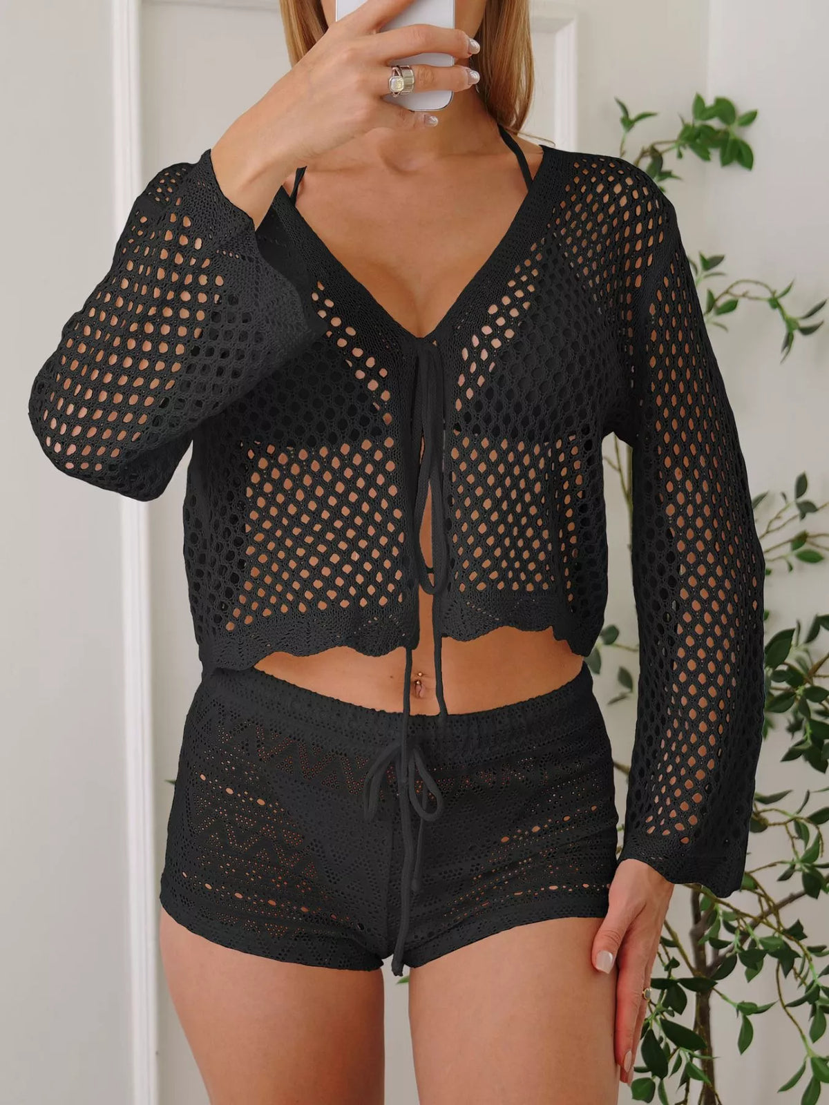Womens crochet tie front top full look