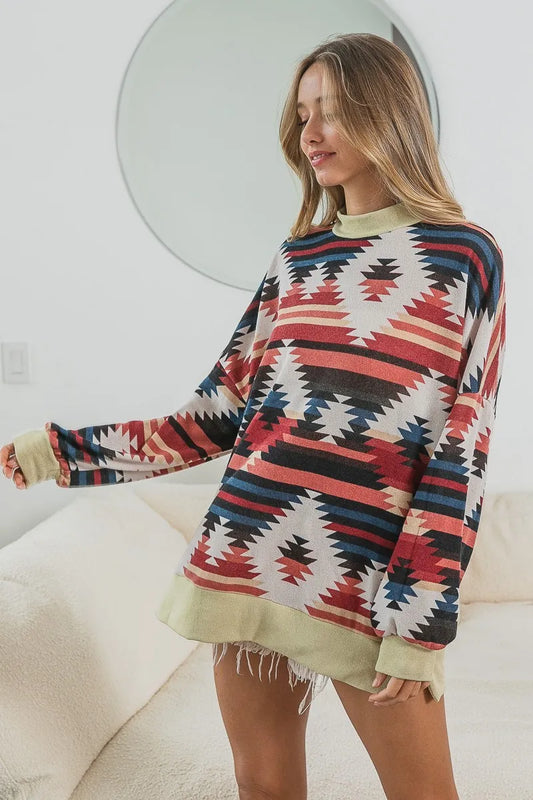 BiBi Aztec Print Mirr Mock Neck Lslv Top RUST COMBO - Fashorio