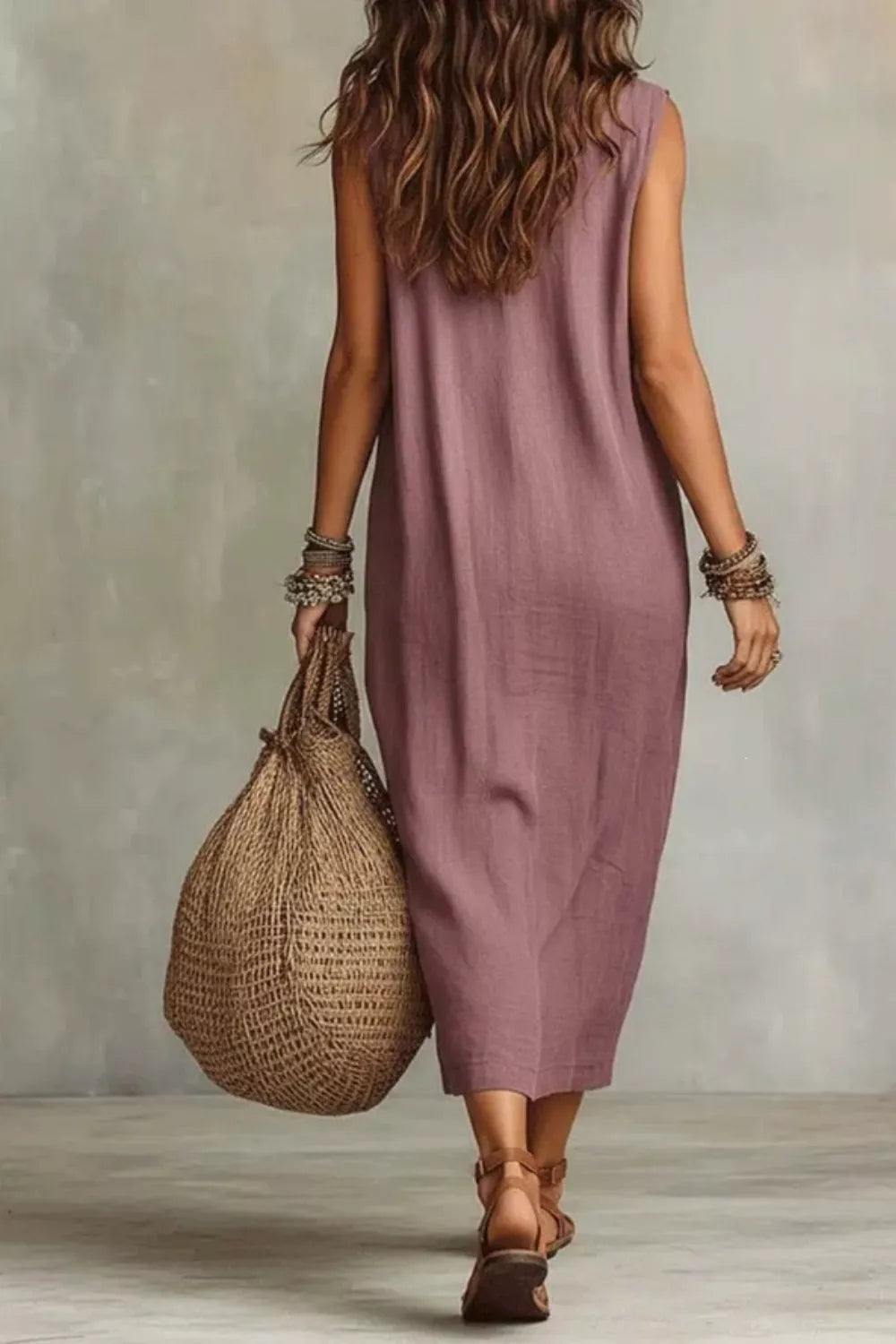 Sleeveless drape cowl neck midi dress side view