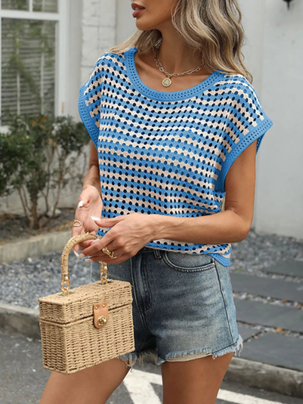Striped crochet top styled with denim