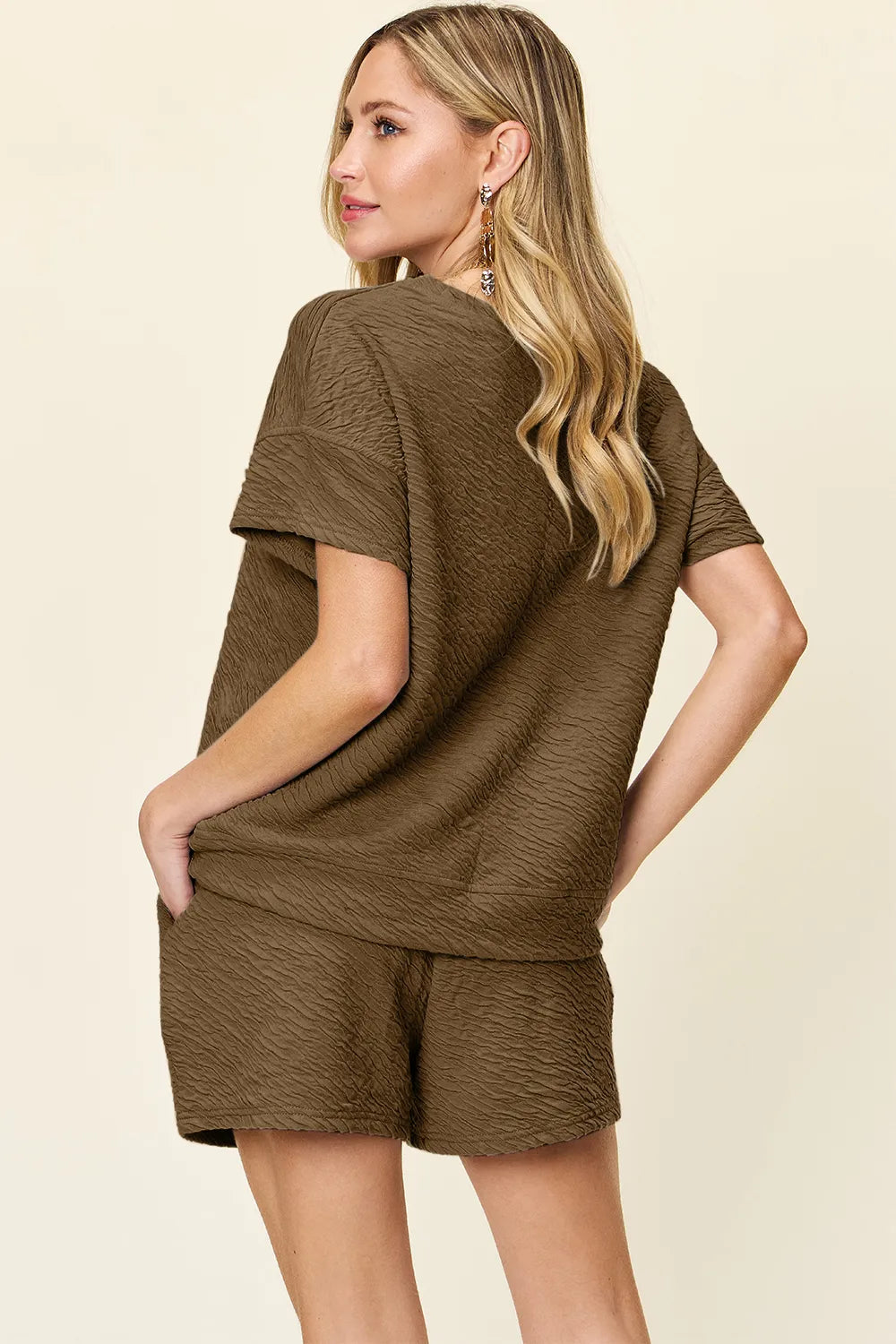 Double Take Full Size Texture Short Sleeve T-Shirt and Drawstring Shorts Set - Fashorio