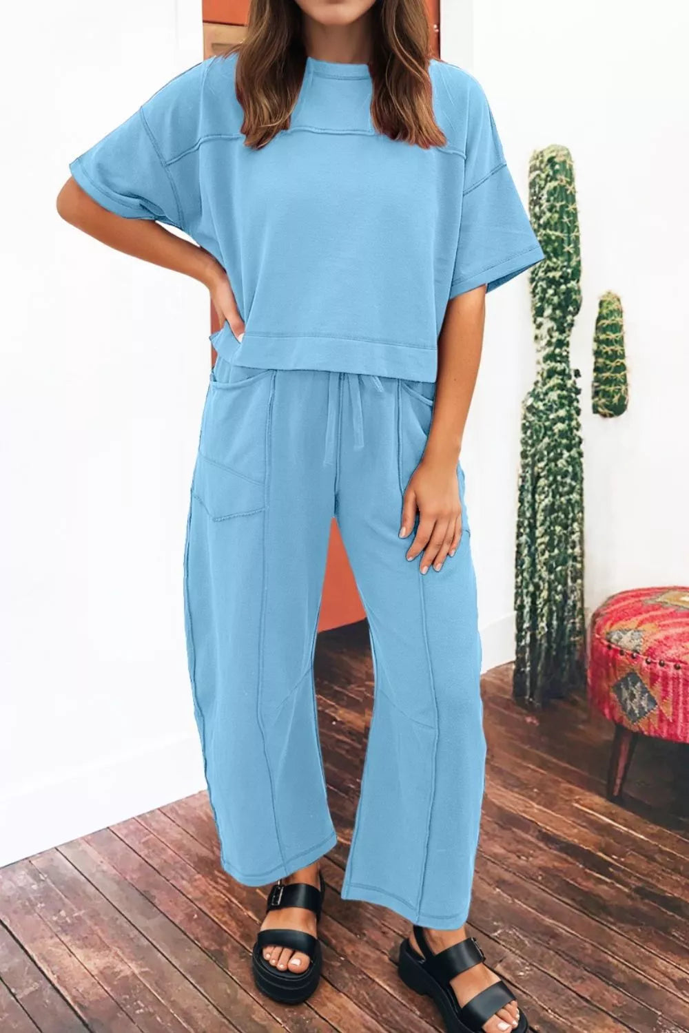 Boxy drop shoulder tee detail on blue two piece set