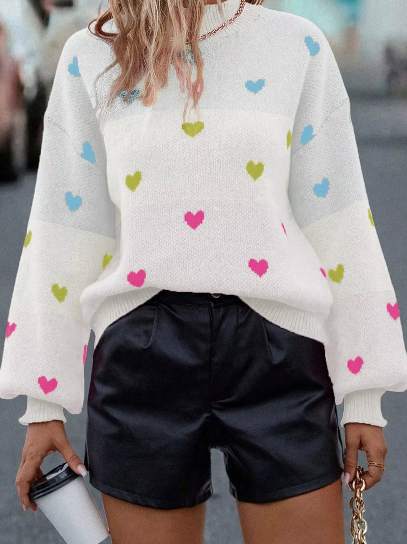 White heart pattern dropped shoulder sweater front view